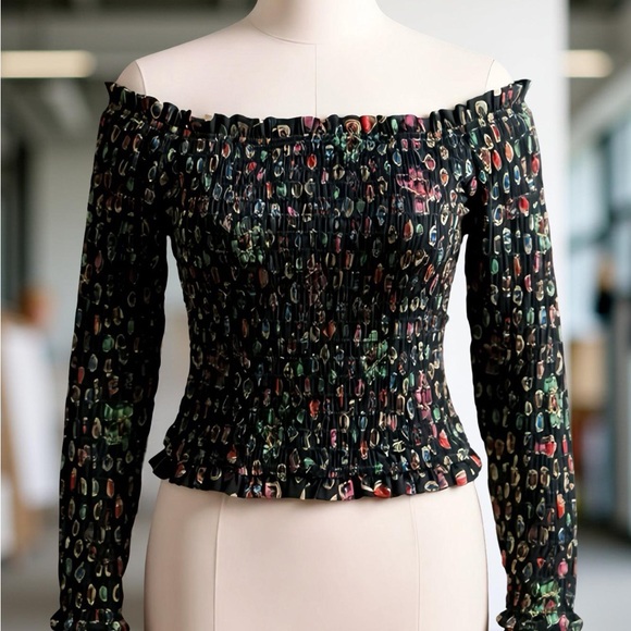 CHANEL Multicolor Smocked Off-Shoulder Long Sleeve Crop Top – NWT, Size 36 (FR) - Picture 1 of 12
